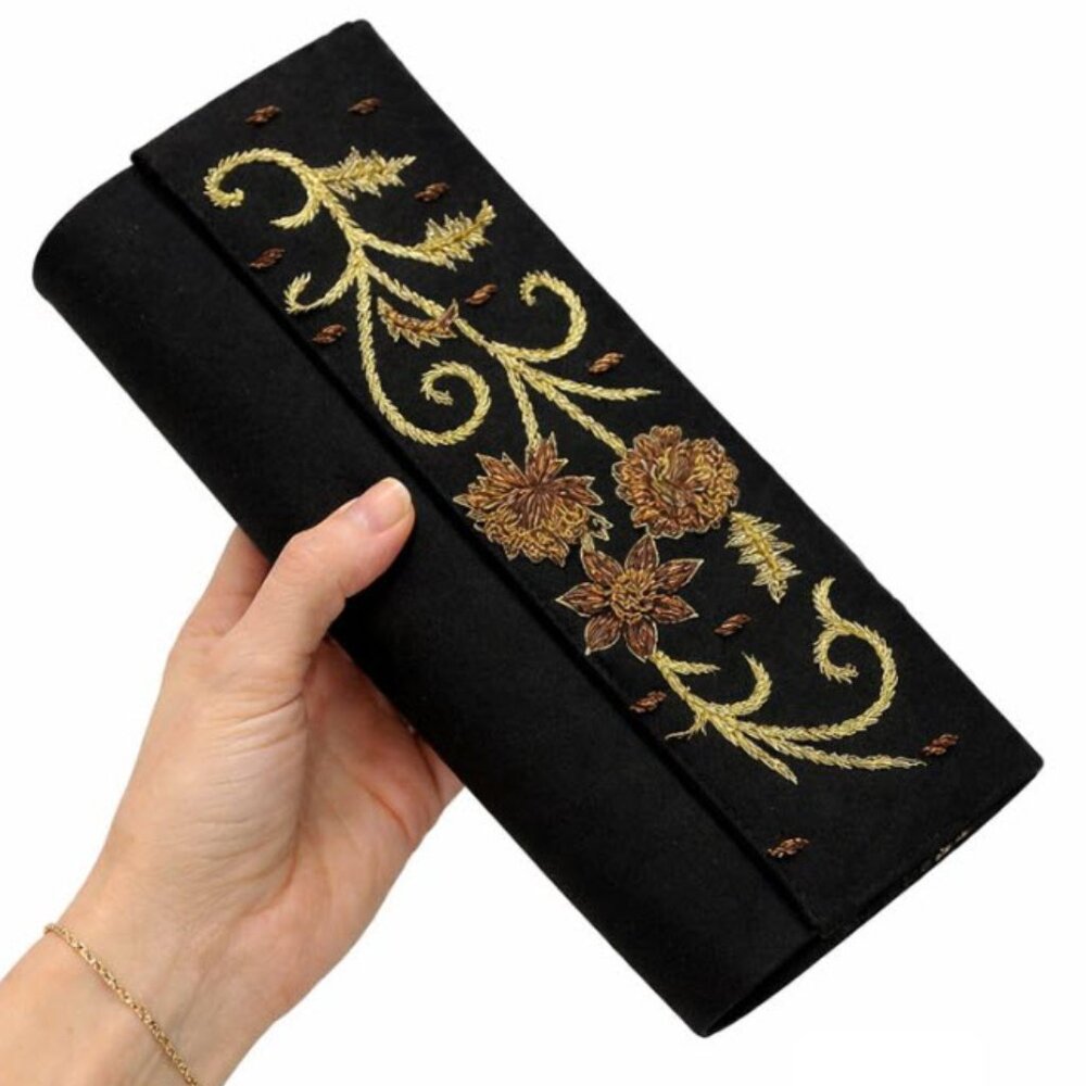Fabindia Black silk clutch evening bag embroidered with flower Cocktail Wedding